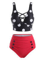 Polka Dot Lattice Ruched Buttoned Tankini Swimwear Mix and Match Vintage Swim Wear Bikinis Set