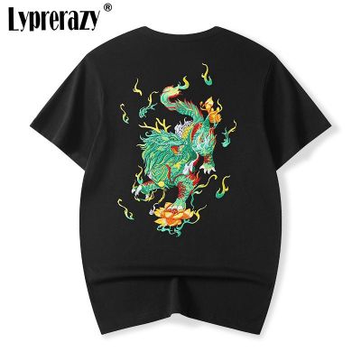Lyprerazy Chinese Style Kirin Embroidery Short-sleeved T-shirt Tide Brand Cotton Mens Tees