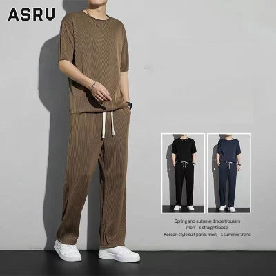 ASRV เสื้อยืดผู้ชาย เสื้อผ้าผู้ชาย t shirt for men ชุดสูทสองชิ้นแขนสั้นและกางเกงขายาวผ้าไอซ์ซิลค์สำหรับผู้ชายฤดูร้อน