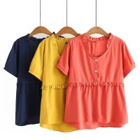 【มีไซส์ใหญ่】Plus Size XL-5XL Short Sleeve Full Cotton Summer Shirts Oversized V-neck Vintage Female Tops