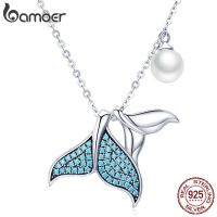 Bamoer 925 Sterling Silver Blue Mermaid Tail Pendant Necklace Quality Shell Pearl Bead Women Fine Jewelry Wedding Gift 17.32