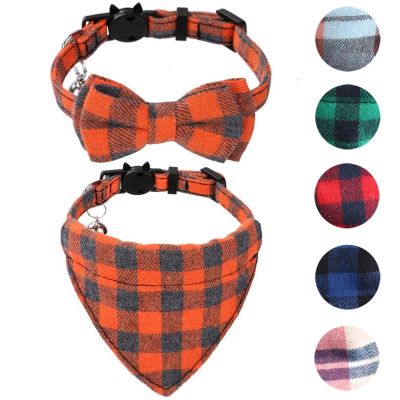 [HOT!] Cute Bowtie Cat Collar Breakaway with Bell Classic Plaid Safety Cat Bandana Collar Set for Kitty Puppy Adjustable 7.8-10.2 quot;