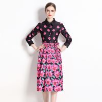 Ladies dress real spot-  fashion Joker waist slimming positioning printing dress with tie