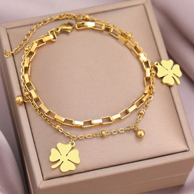 Stainless Steel Bracelets Trendy Fine Bell Clovers Pendant Beads Layer Chain Fashion Bracelet For Women Jewelry Festival Gifts