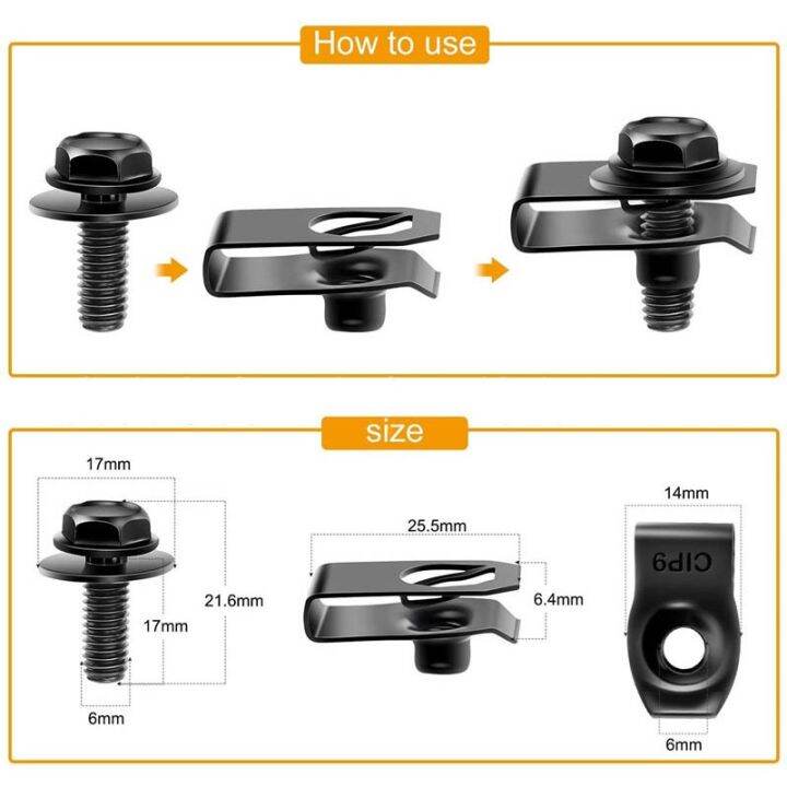 10pcs-car-body-bolts-u-nut-clips-m6-engine-cover-undertray-splash-shield-guard-bumper-fender-liner-retainer-fastener-rivet-screw