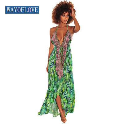 WAYOFLOVE Woman Summer y Strap Long Dress Beach Casual Holiday Print V Neck Vestids Party Loose Backless Vintage Maix Dresses