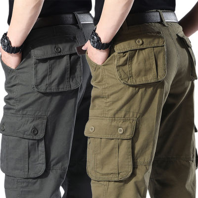ผู้ชายหลวมกางเกงคาร์โก้ลำลองผ้าฝ้ายหลายกระเป๋าถุงทหารกองทัพทำงานกางเกง Streetwear ตรงกางเกงทรงหลวมกางเกงขายาว