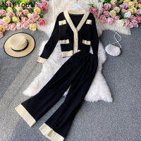 Joinyouth Knitted Suit Women 2020 Autumn Winter Casual Temperament V-neck Cardigan Tops High Waist Wide-leg Pants Two-piece Sets