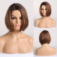 LOUIS FERRE Short Straight Bob Hair Wig with Bangs Cute Lolita Cosplay Party Wigs for Women Mixed Brown Ash Gray Synthetic Wigs Gift ของขวัญ