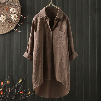 Solid Vintage Blouse Women Fashion Turn-down Collar Long Sleeve Oversized Cotton Linen Casual Tops Lady Elegant Office Shirts