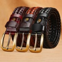 【CC】 Homens de couro genuíno trançado cintos webbing alta qualidade mão vintage para homens ouro pino fivela casual jeans cinta