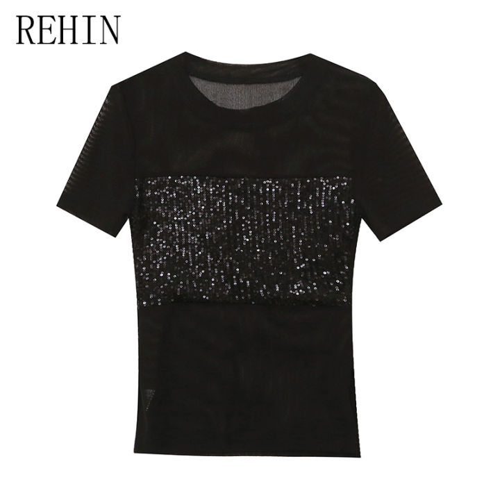 rehin-เสื้อยืดแขนสั้นมีสไตล์ปักเลื่อมที่ต่อกันตาข่ายแบบ-s-3xl-ผ้ายืดคริสตัลน้ำแข็งใหม่ฤดูร้อน