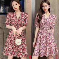 Women V-Neck Floral Print Short Sleeve A-Line Slim Dress