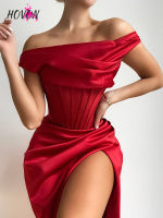 HOVON Off Shoulder Satin Boned Corset Christmas Bodycon Dress Elegant Women Red Split Sexy Draped Party Dresses Night Club Wear