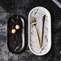 Nordic Marbled Ceramic Oval Plate Western Dish Dessert Plate Jewelry Storage Tray Tableware Accessories Sushi Seafood Dish