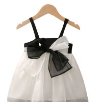 Solid Color Contrast Bow Suspender Vest Dress Long Princess Skirt Fluffy Skirt Girl 2-6 Years Old