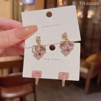 ? เครื่องประดับ 925 silver needle light luxury niche zircon pink earrings ins tide love South Korea the new delicate small ear clip earrings