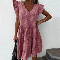 ZZOOI Elegant Polka Dot Print Ruffle Mini Dress Women Sexy V Neck Butterfly Sleeve Party Dress New Female Pleated Summer Beach Dresses