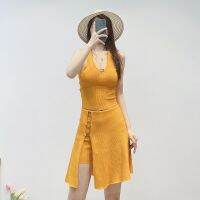 ZSUD SANDRO 2023 new summer womens clothing French yellow fashion casual outer wear neck V-neck sweater skirt set