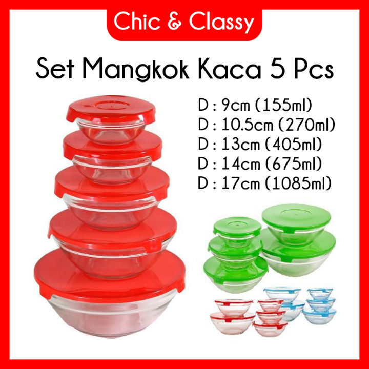 Toples Kaca 5in1 Set Mangkok Kaca Susun 5 Glass Bowl Set Tempat Penyimpanan Makanan 5 Pcs 0812