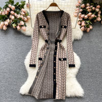 Banulin 2021 Autumn Winter Buttons Retro Sweater Dress Causal Women V-Neck Geometric Pattern Knitted Slim Sheath Bodycon Dress