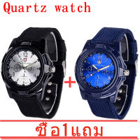 【 ซื้อ 1 แถม 1】Shipping in 24 Hours Couple Style Fashional Electronic Analog Wrist Watch Round Nylon Strap Military Wristwatch (Black)