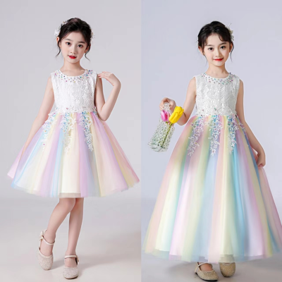 2022 Summer New Girls Dresses Age 3 to 14 Sleeveless MIni Rainbow Gowns Princess Dress