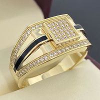 Business Men 39;s Gold Colors Inlaid Zircon Stones Wedding Rings for Men Noble Temperament Engagement Party Jewelry Gift