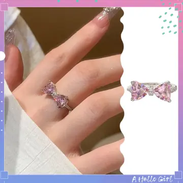 Lovely Princess Pink Ring Adjustable Bowknot Ring Sweet Ins Style Diamond  Ring Jewelry For Women Birthday Party Gift Accessories