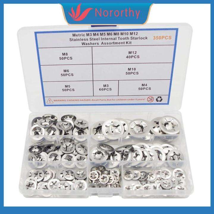 NORORTHY 350pcs 7 Sizes Internal Tooth Lock Washers M3 M4 M5 M6 M8 M10 M12 Metric Locking