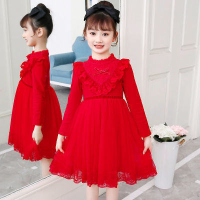 สีชมพูสีแดงสาวเจ้าหญิงชุด A-Line ใหม่ฤดูใบไม้ผลิฤดูใบไม้ร่วงแขนยาวเวอร์ชั่นเกาหลีเด็กชุดเจ้าหญิงสไตล์ตะวันตกสาวชุดลูกไม้