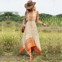 Elegant Bohemian ห้องพักช่วงวันหยุด V คอเรยอนพิมพ์ลายดอกไม้แขนสั้น Lace Up วันหยุด Casual Women S Dresses Vestido Feminino