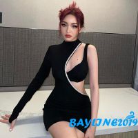 Bay- ชุดมินิเดรส บอดี้คอน คอกลม แขนยาว เปิดไหล่ข้างเดียว ประดับพลอยเทียม เหมาะกับงานเลี้ยงค็อกเทล แฟชั่นฤดูใบไม้ผลิ สําหรับผู้หญิง