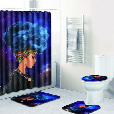African Woman Pattern Waterproof Polyester Fabric Shower Curtain Set Non Slip Rugs Carpet for Bathroom Toilet