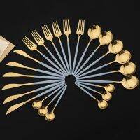 （glistening shop）24PcsGold ชุดอาหารเย็น MirrorCutlery Set KitchenTableware SetFork CoffeeFlatware