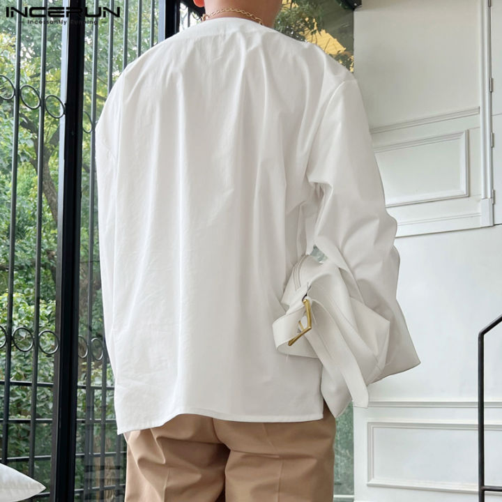 แขนยาวสำหรับผู้ชาย-incerun-ลูกไม้วินเทจคอกลมลำลองแบบเย็บปะเสื้อยืดธรรมดา-สไตล์เกาหลี