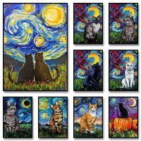 2023✗✎℡ Cat Starry Night Van Gogh Canvas Paintings Abstract Art Posters and Prints Wall Art Picture for Living Room Home Decoration