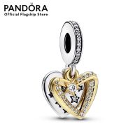 Pandora Heart sterling silver and 14k gold-plated double dangle with clear cubic zirconia เครื่องประดับ   จี้ชาร์ม ชาร์มสีทอง สีทอง ชาร์มทอง ทอง ชาร์มสร้อยข้อมือ ชาร์มแพนดอร่า แพนดอร่า