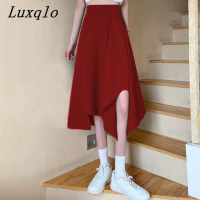 Luxqlo กระโปรงผู้หญิงแบบไม่สม่ำเสมอ,สไตล์เกาหลีแบบใหม่ผู้หญิงขนาดใหญ่บางเอวสูงแฟชั่นเรียบง่ายกระโปรงทรงเอฤดูร้อน