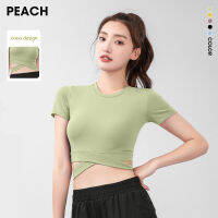 FEELCOOLSPORT Peach Exposed Navel Cross แขนสั้นใหม่ Slim ไม่มีรอยต่อเสื้อผ้าโยคะสีทึบเอวสูงแน่นฟิตเนส Top