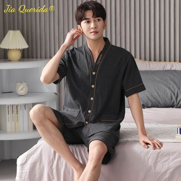 sukae-men-nightwear-home-clothing-summer-shorts-two-pieces-cotton-big-size-3xl-4xl-pajama-v-neck-japanese-kimono-pjs-sleepwear