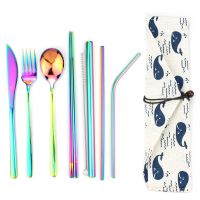 8Pcs Rainbow Dinnerware Set 304 Stainless Steel Cutlery Black Dinner Set Knife Fork Spoon Straw Bag Pouch Travel Tableware Set Flatware Sets