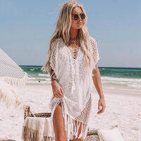 ใหม่ถัก Beach Cover Up ผู้หญิงบิกินี่ชุดว่ายน้ำ Cover Up Hollow Out Beach Dress พู่ Tunics ชุดว่ายน้ำ Cover-Ups Beachwear