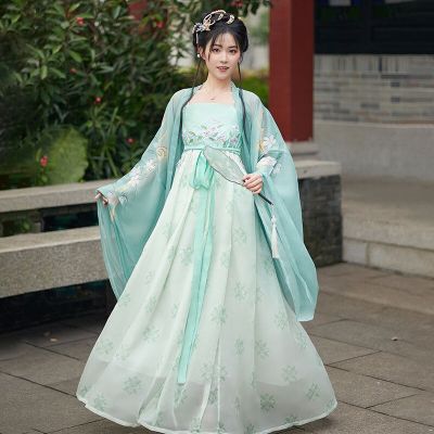 Hanfu ชุดจีนผู้หญิงชุดเจ้าหญิงพิมพ์ดอกไม้สวยงามดั้งเดิม,เสื้อคลุมเต้นบนเวทีคอสเพลย์นางฟ้าตะวันออก