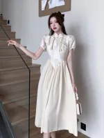 Vintage Chinese Style Improved Cheongsam Midi Dress 2023 Summer Retro Buckle Jacquard Female Slim Lace-up OL Evening Party Dress Haberdashery