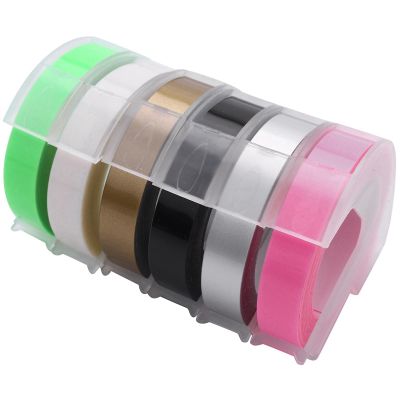 6 Roll Embossing Label Maker Tape 3D Plastic 9mm x 3Meter Embossing Label Tape White on Black/ Clear/ Silver/ Gold/Fluorescent Pink/Fluorescent Green for Dymo Label Maker