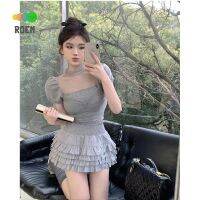 Nini [ชุดฤดูร้อน] เสื้อยืด ผ้าโปร่งใส จับจีบ เอวสูง กระโปรงลูกไม้ Pettiskirt V729