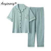 M-5XL Big Size 2022 Fashion Cotton Pajamas Set for Womens Summer Shawl Collar Pj Short Sleeve Long Pants Lounge Woman Pijamas