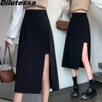 (XS-5XL) Dilutessa กระโปรงสีดำผ่าข้าง,กระโปรงกระเป๋าแฟนซีสะโพกสูงกระโปรงทรงเอยาวปานกลาง