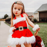 Christmas Party เด็กทารก Romper ชุดเจ้าหญิงเลื่อมสีขาว Plush Trim Patchwork Halterneck แขนกุด Tutu Jumpsuit กับหมวก